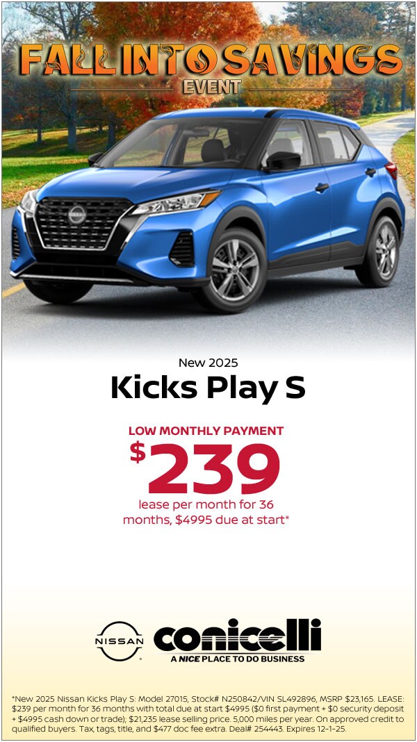 $239/mo. leases a New 2025 Nissan Kicks Play S! Claim this Special...