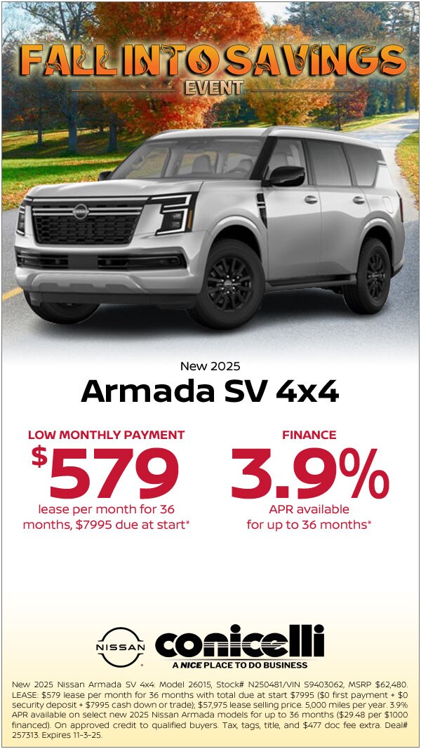 $579/mo. leases a New 2025 Armada SV 4x4 at Conicelli Nissan!