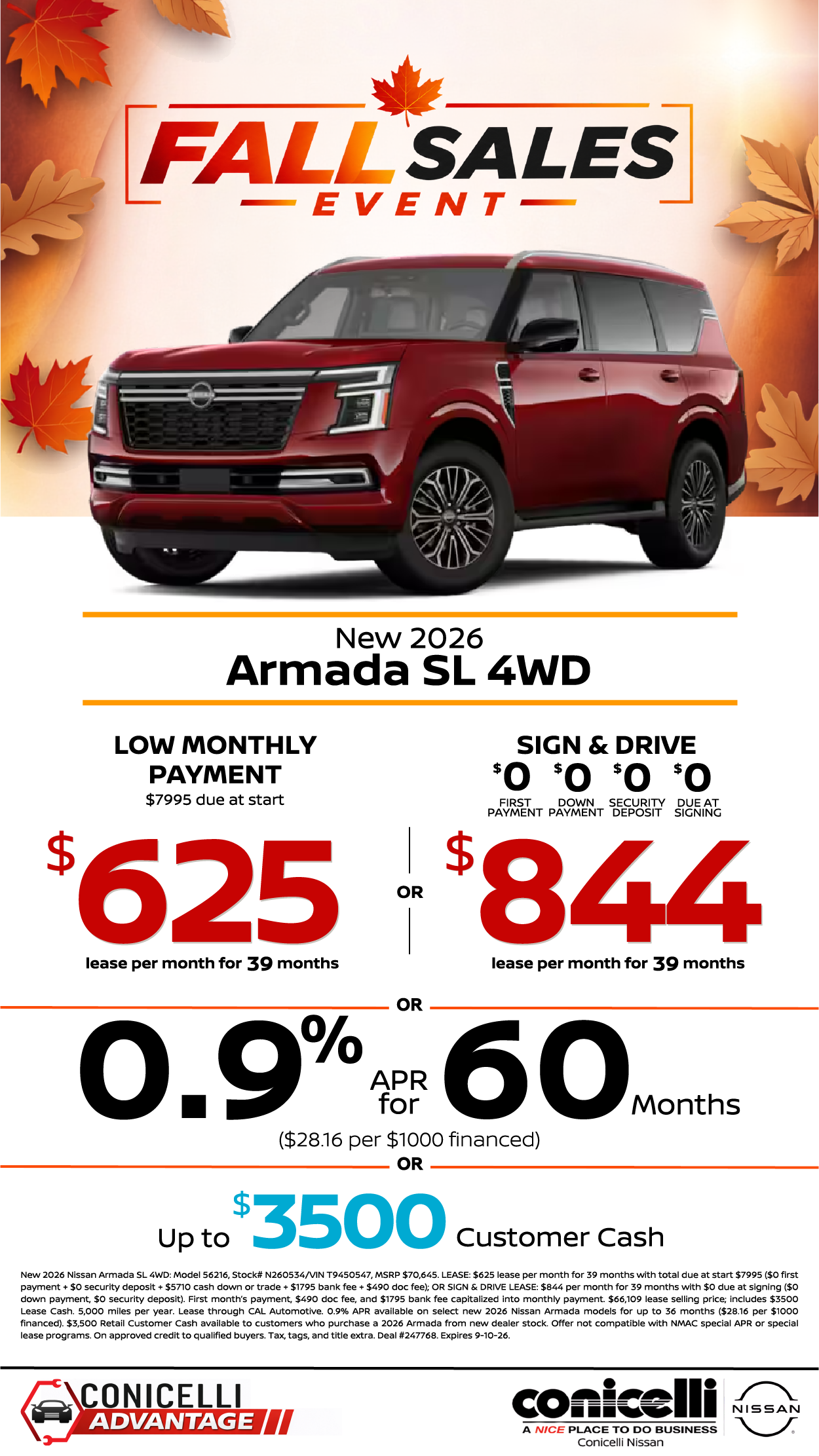$625/mo. (OR $844/mo. with $0 due at signing) leases a New 2026 Armada SL 4x4! Claim This Special...