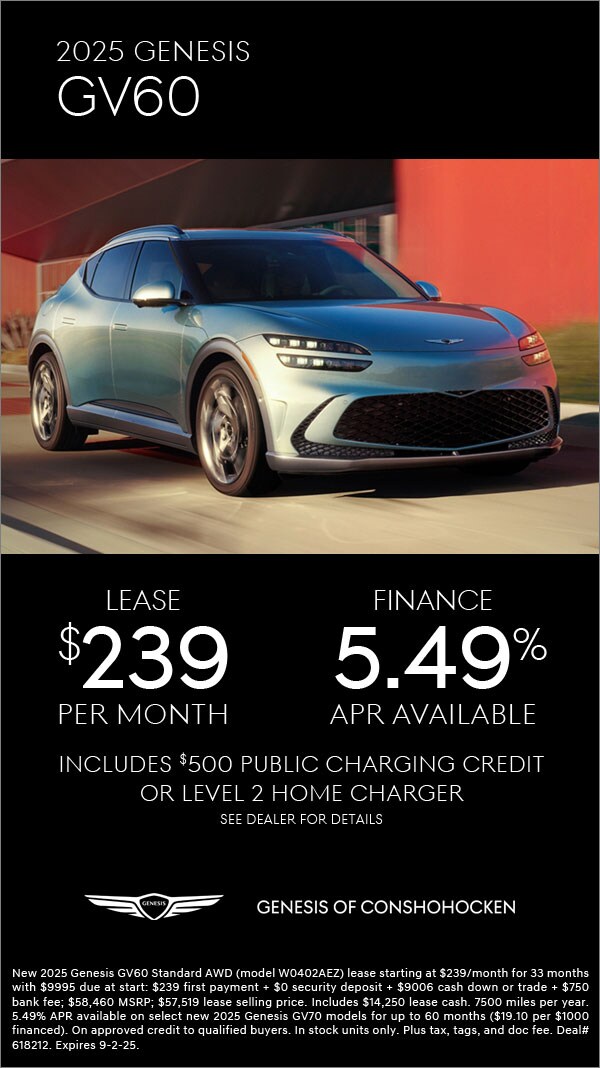 $239/mo. leases a New 2025 Genesis GV60! View Specials...