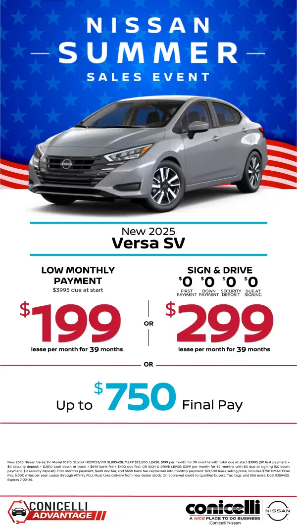 $199/mo. (OR $299/mo. with $0 due at signing) leases a New 2026 Versa SV at Conicelli Nissan! Claim this Special...