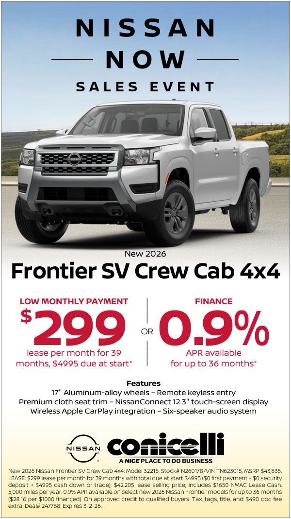$299/mo. leases a New 2026 Frontier SV Crew Cab 4x4 at Conicelli Nissan!