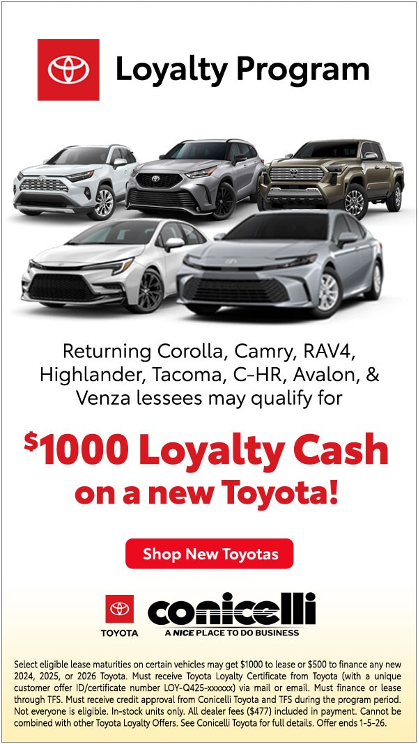 Up to $1000 Loyalty Cash available on any new Toyota! Shop New Toyotas...