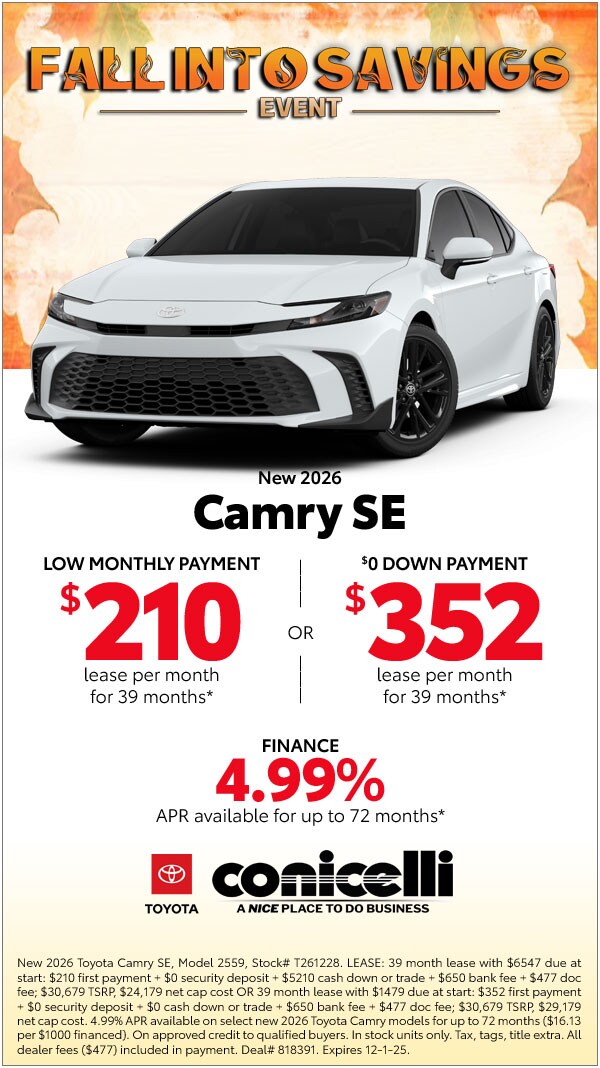$210/mo. leases a New 2026 Camry SE! View Specials...
