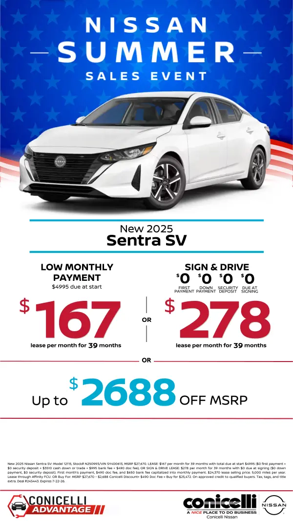 $167/mo. (OR $278/mo. with $0 due at signing) leases a New 2025 Sentra SV at Conicelli Nissan! Claim this Special...