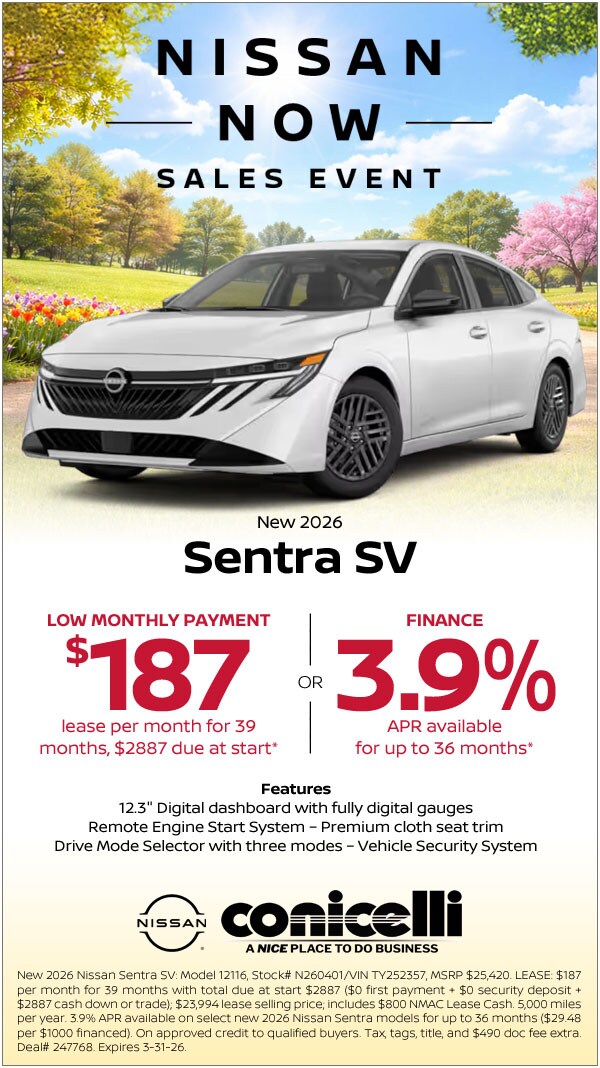 $187/mo. leases a New 2026 Sentra SV at Conicelli Nissan! Claim this Special...