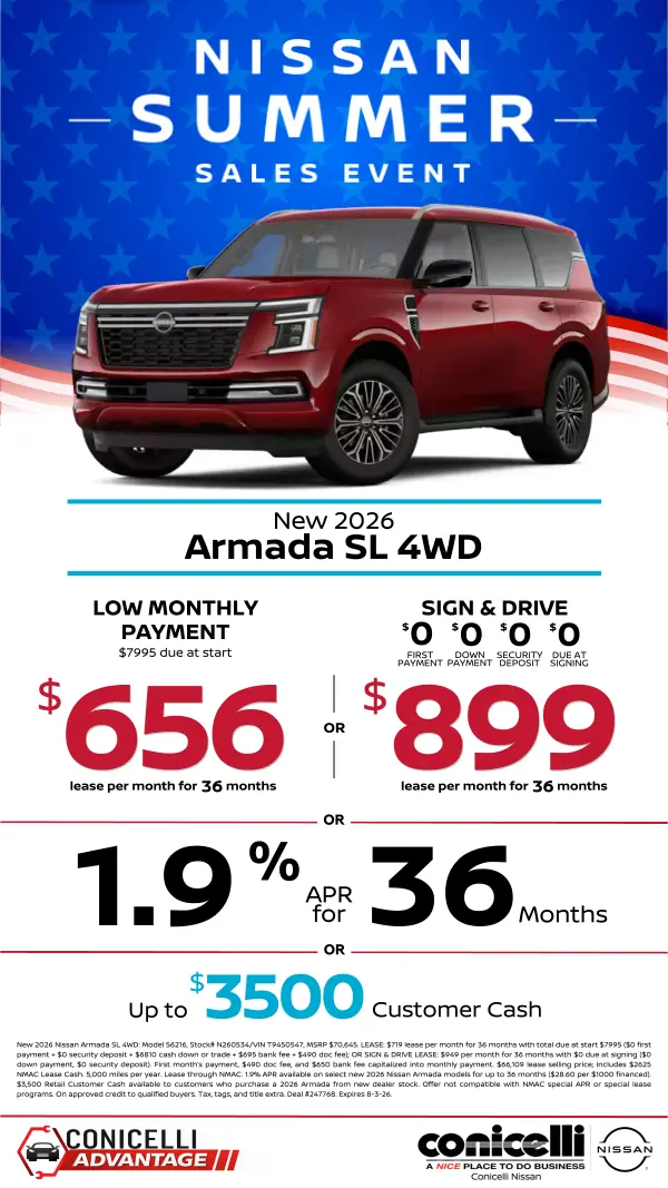 $656/mo. (OR $899/mo. with $0 due at signing) leases a New 2026 Armada SL 4x4! Claim This Special...