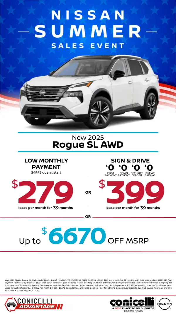 $279/mo. (OR $399/mo. with $0 due at signing) leases a New 2025 Rogue SL AWD at Conicelli Nissan! Claim this Special....