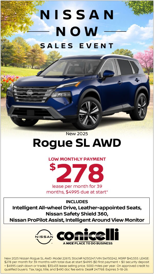 $278/mo. leases a New 2025 Rogue SL AWD at Conicelli Nissan! Claim this Special....