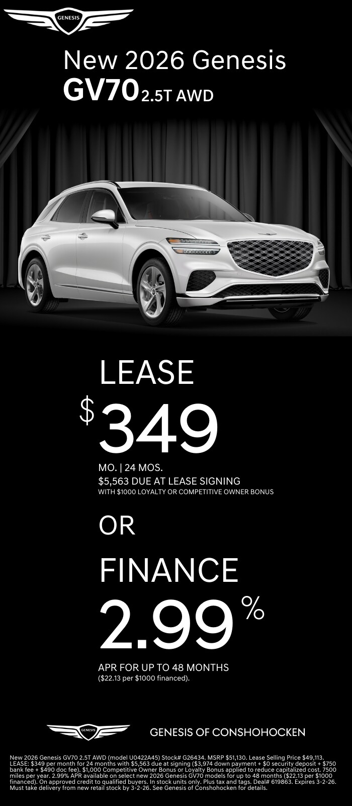 $349/mo. leases a New 2026 Genesis GV70! View Specials...