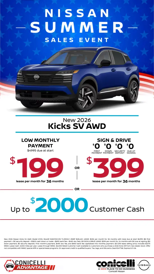 $199/mo. (OR $399/mo. with $0 due at signing) leases a New 2026 Kicks SV AWD at Conicelli Nissan! Claim this Special...