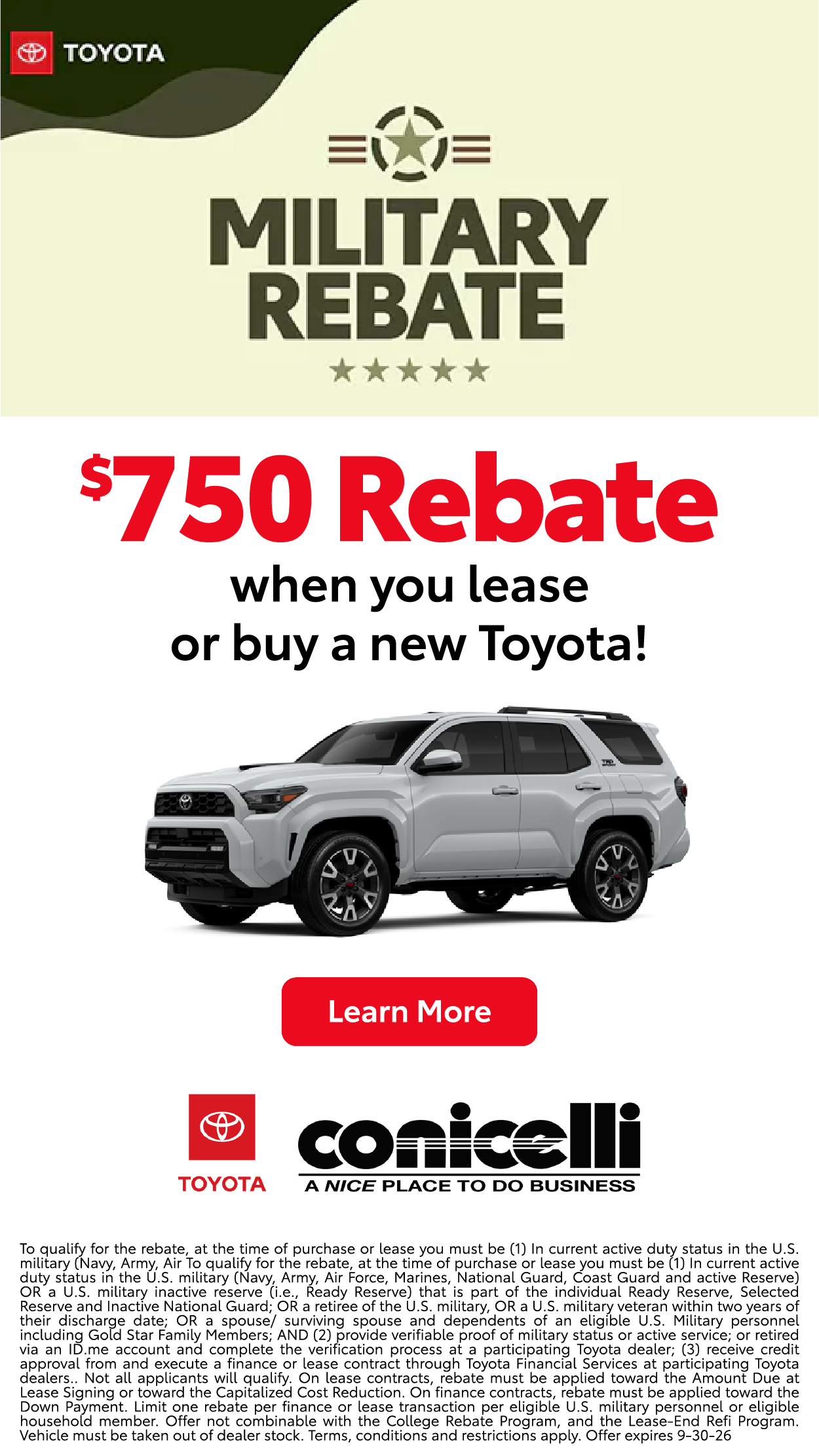 Military members get a $500 rebate when you lease or buy a new Toyota! Click to learn more...