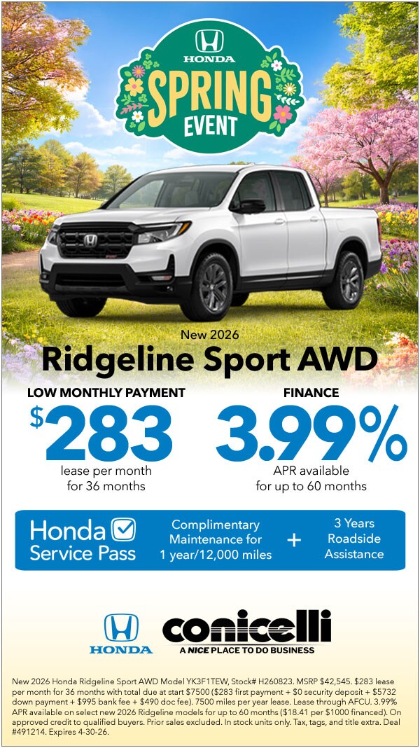 $283/mo. leases a New 2026 Ridgeline Sport AWD! Claim this Special...