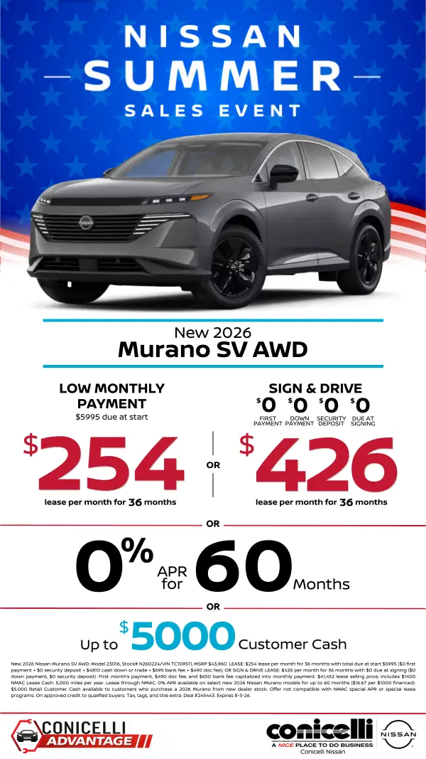 $254/mo. (OR $426/mo. with $0 due at signing) leases a New 2026 Nissan Murano SV AWD! Claim this Special...