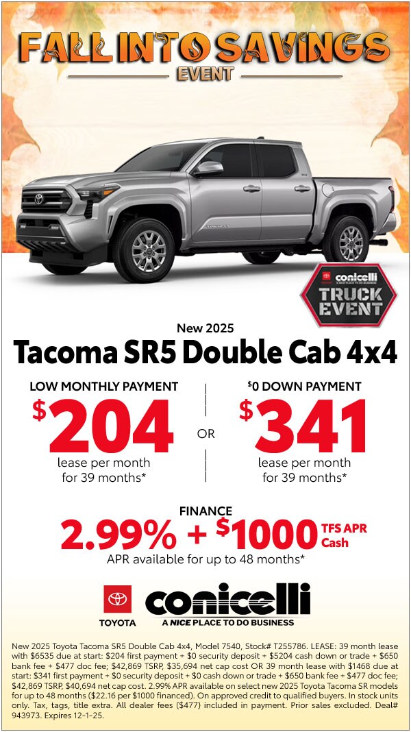 $204/mo. leases a New 2025 Tacoma SR5 Double Cab 4x4! Claim this Special...