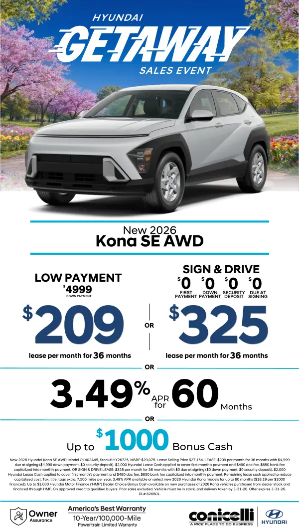Lease a new 2026 Kona SE AWD for just $209/mo or Sign & Drive for just $325/mo. Claim this Special...