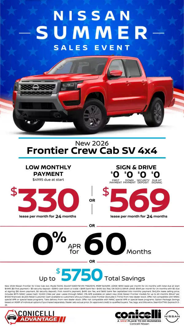 $330/mo. (OR $569/mo. with $0 due at signing) leases a New 2026 Frontier SV Crew Cab 4x4 at Conicelli Nissan!