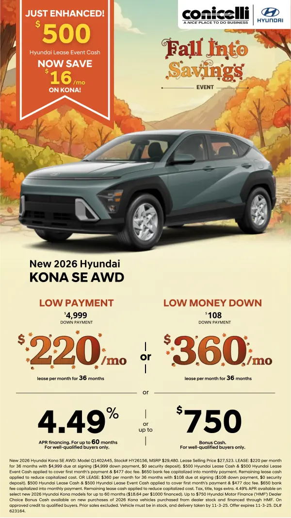 Lease a new 2026 Kona SE AWD for just $220/mo. or lease for $360/mo. with low money down Claim this Special...