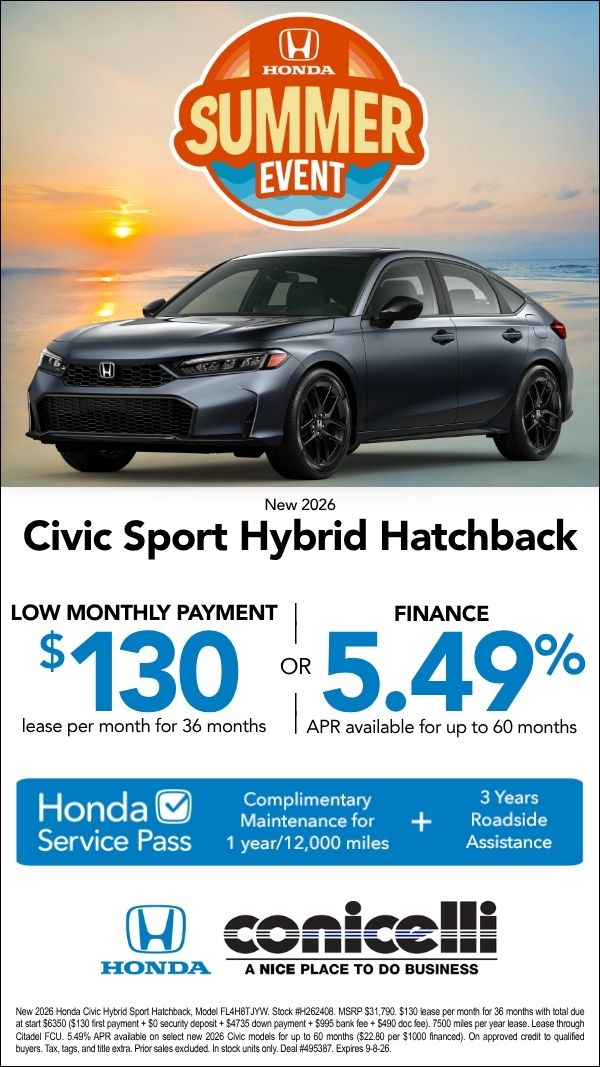 $130/mo. leases a New 2026 Civic Sport Hybrid Hatchback at Conicelli Honda! Claim this Special...