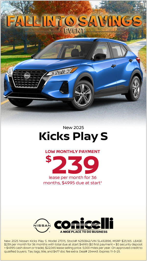 $239/mo. leases a New 2025 Nissan Kicks Play S! Claim this Special...