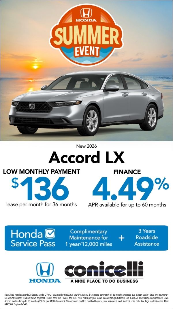 $136/mo. leases a New 2026 Accord LX at Conicelli Honda! Claim this Special...
