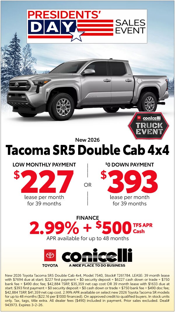 $227/mo. leases a New 2026 Tacoma SR5 Double Cab 4x4! Claim this Special...