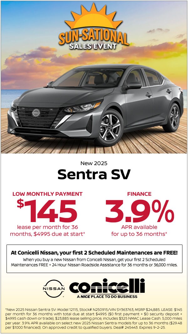 $145/mo. leases a New 2025 Sentra SV at Conicelli Nissan! Claim this Special....