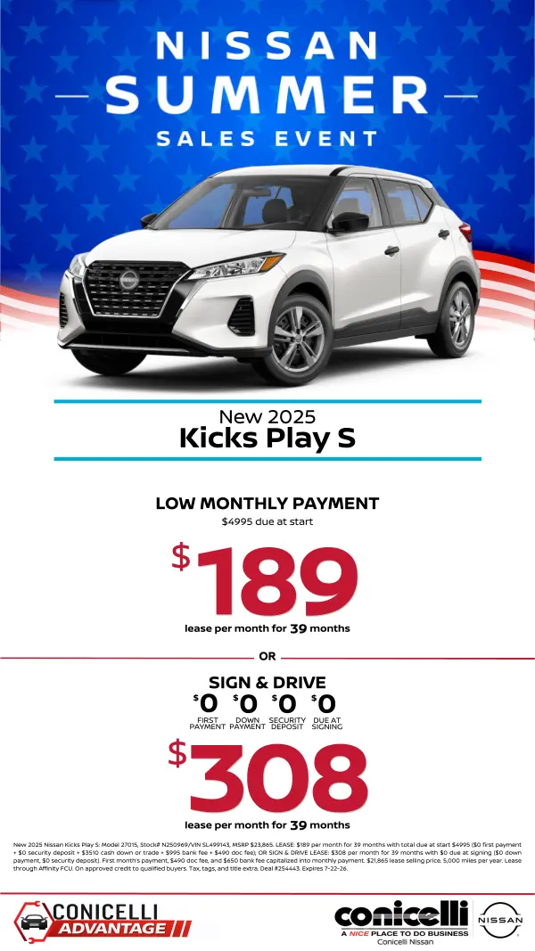 $189/mo. (OR $308/mo. with $0 due at signing) leases a New 2025 Kicks Play S at Conicelli Nissan! Claim this Special...