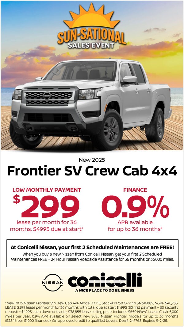 $299/mo. leases a New 2025 Frontier SV Crew Cab 4x4 at Conicelli Nissan!