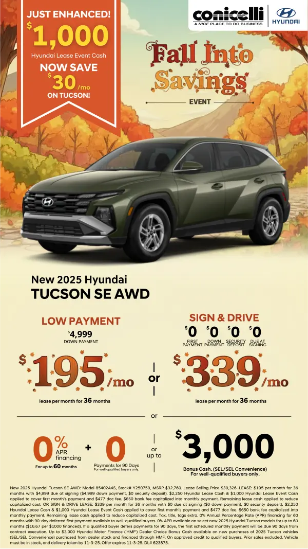 Sign & Drive a new 2025 Tucson SE AWD for just $339/mo. or lease for $195/mo. Claim this Special...