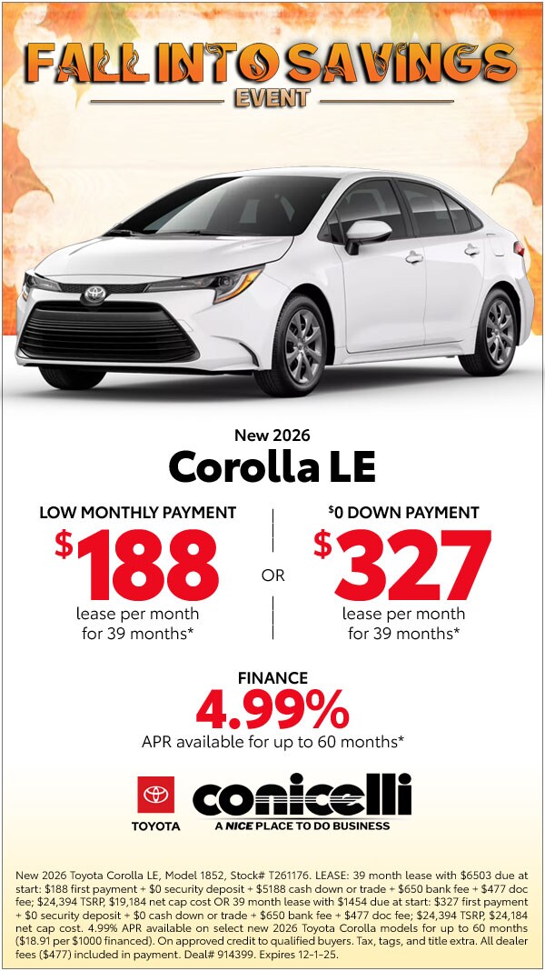 $188/mo. leases a New 2026 Corolla LE! View Specials...