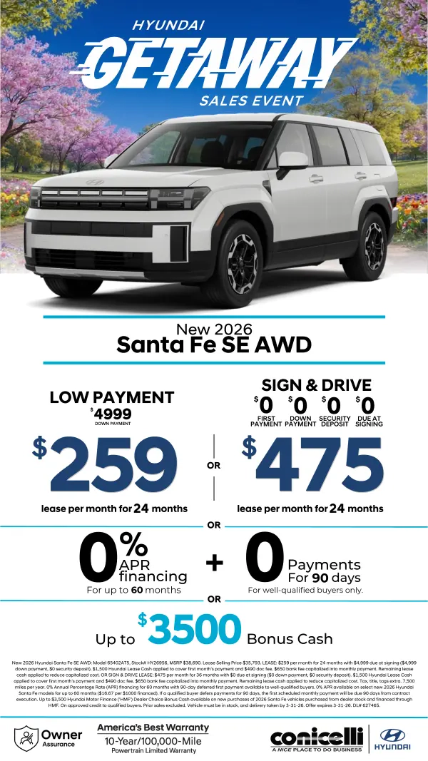 Lease a new 2026 Santa Fe SE AWD for just $259/mo or Sign & Drive for just $475/mo. Claim this Special...