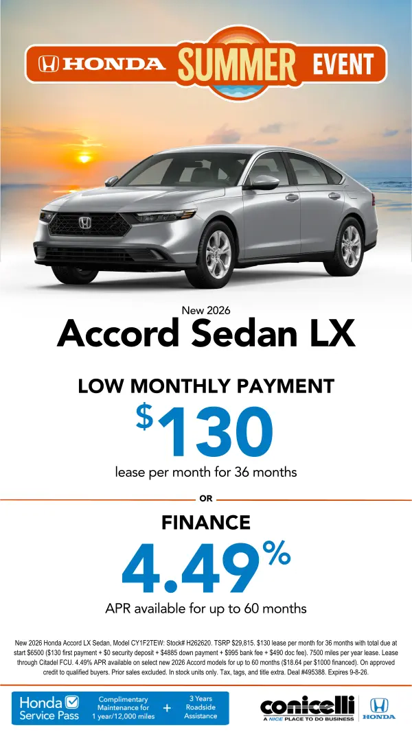 $130/mo. leases a New 2026 Accord LX at Conicelli Honda! Claim this Special...
