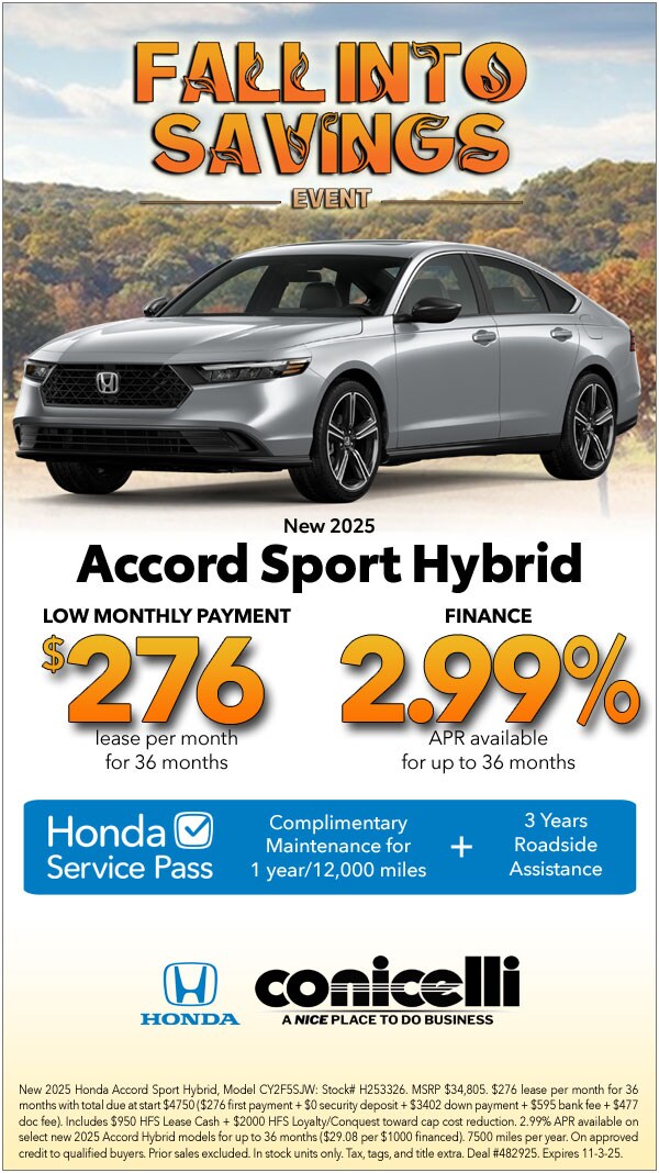 $276/mo. leases a New 2025 Accord Sport Hybrid at Conicelli Honda! Claim this Special...