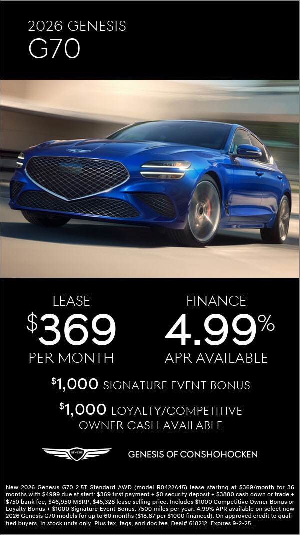 $369/mo. leases a New 2026 Genesis G70! View Specials...