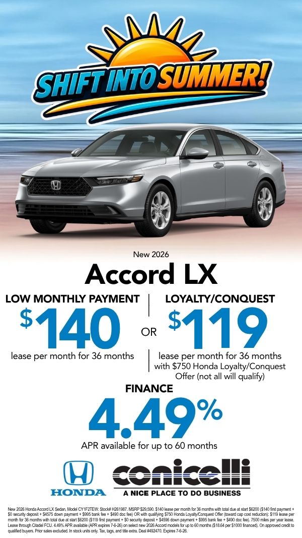 $140/mo. leases a New 2026 Accord LX at Conicelli Honda! Claim this Special...