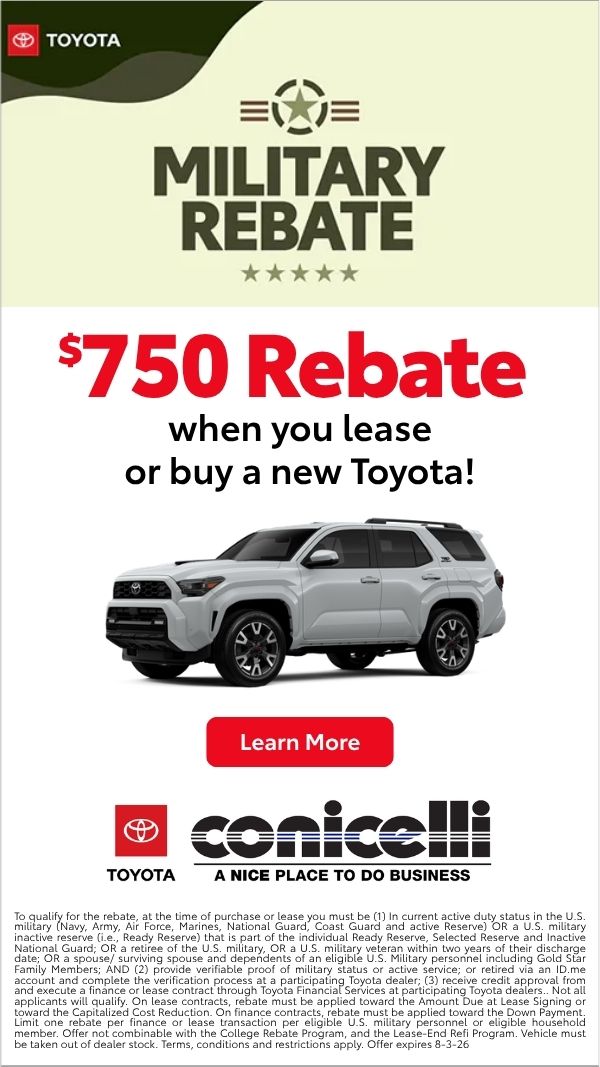 Military members get a $750 rebate when you lease or buy a new Toyota! Click to learn more...