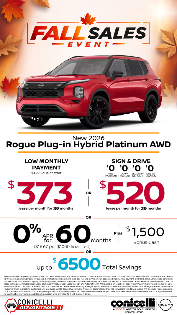 $373/mo. (OR $520/mo. with $0 due at signing) leases a New 2026 Rogue Plug-in Hybrid at Conicelli Nissan! Claim this Special...