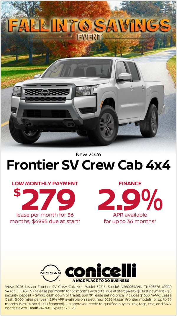 $279/mo. leases a New 2026 Frontier SV Crew Cab 4x4 at Conicelli Nissan!