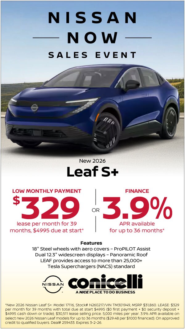$329/mo. leases a New 2026 Leaf S+ at Conicelli Nissan!