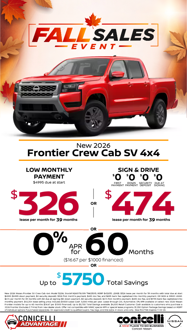 $326/mo. (OR $474/mo. with $0 due at signing) leases a New 2026 Frontier SV Crew Cab 4x4 at Conicelli Nissan!