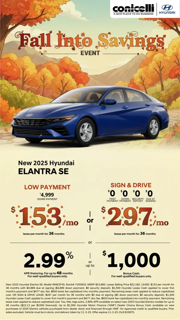 Sign & Drive a new 2025 Elantra SE for just $297/mo. or lease for $153/mo. Claim this Special...