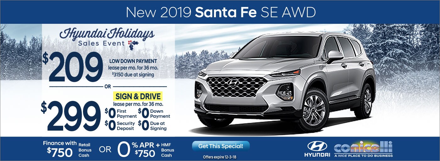 $209/mo. or $299/mo. leases a New 2019 Santa Fe SE AWD at Conicelli Hyundai in Conshohocken! Click or call 1-888-Conicelli...