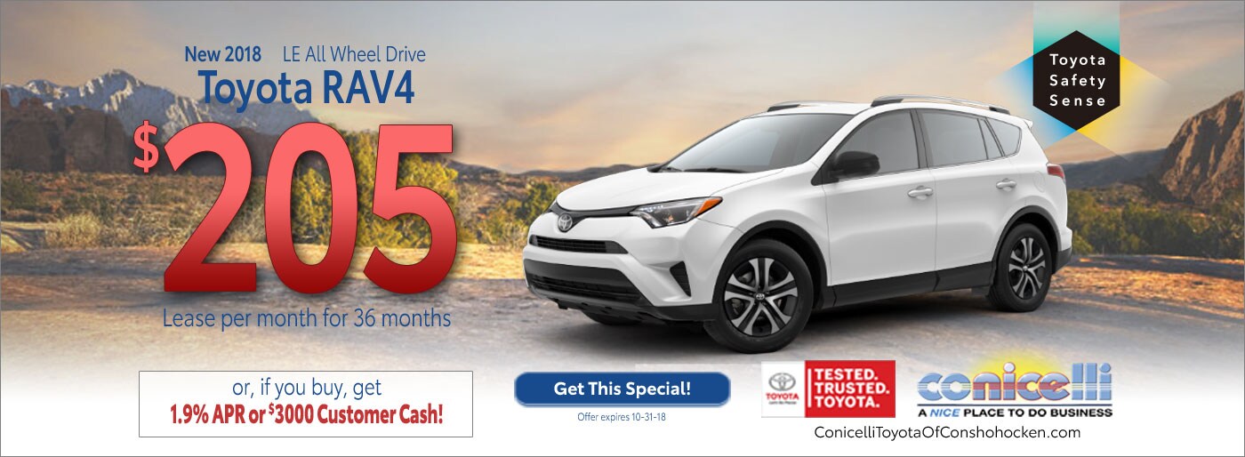$205/mo. leases a New 2018 Toyota RAV4 LE AWD at Conicelli Toyota of Conshohocken. Call 1-888-Conicelli.