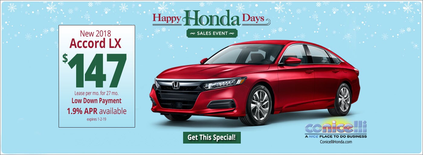 $147/mo. leases a New 2018 Accord LX during Happy Honda Days at Conicelli Honda in Conshohocken! Click or call 1-888-Conicelli...