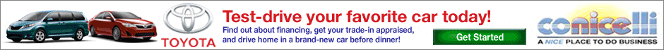 Test-drive your favorite Honda-Hyundai-Nissan-Scion-Toyota today at Conicelli Autoplex in Conshohocken! Find out about financing, get your trade-in appraised, and drive home in a brand-new car before dinner!