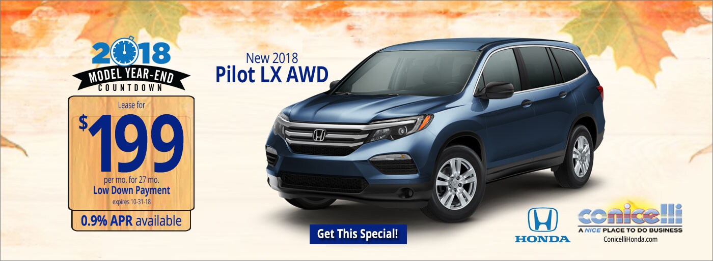 $199/mo. leases a New 2018 Honda Pilot LX AWD at Conicelli Honda in Conshohocken! Click or call 1-888-Conicelli...