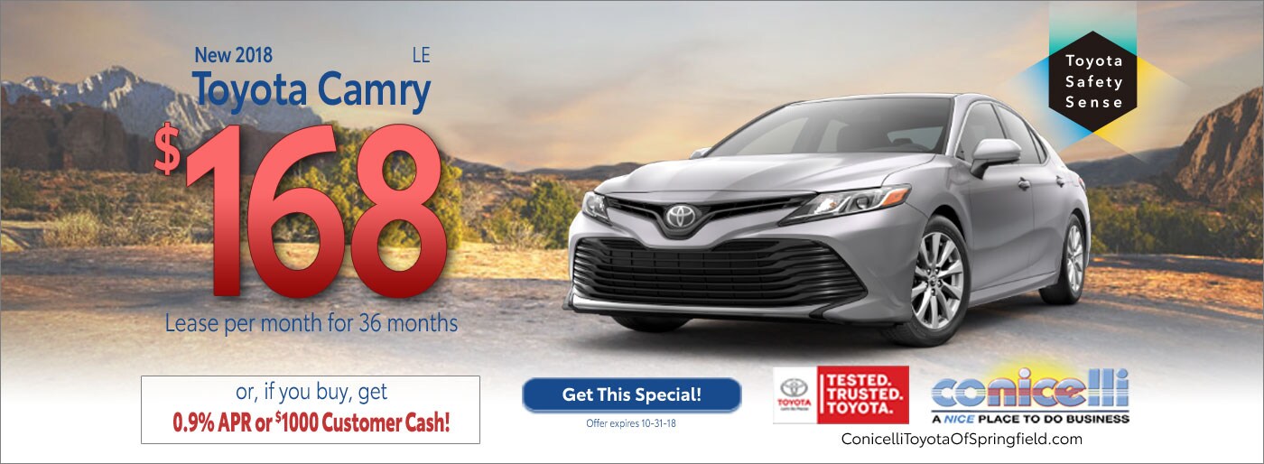 $168/mo. leases a New 2018 Toyota Camry LE at Conicelli Toyota of Springfield. Call 1-877-740-4031.