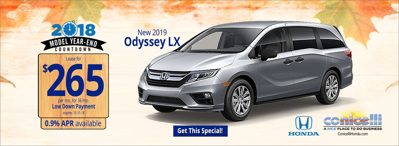 $265/mo. leases a New 2019 Honda Odyssey LX at Conicelli Honda in Conshohocken! Click or call 1-888-Conicelli...