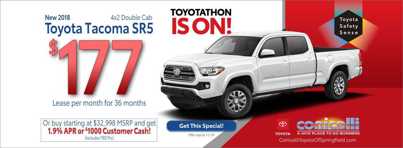$177/mo. leases a New 2018 Tacoma SR5 4x2 Double Cab at Conicelli Toyota of Springfield. Call 1-877-740-4031.